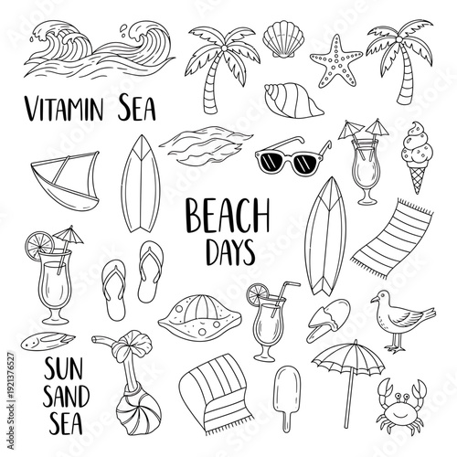 Hand-Drawn Beach Icons: Summer Seashore Doodle Pack
