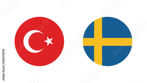Pair of circular flag icons representing Turkey and Sweden for international relations, language exchange, or global sports competition contexts.