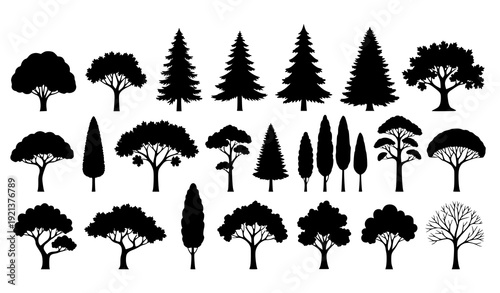 Tree Silhouette Collection Vector with Diverse Tree Types in Minimal Flat Style on White