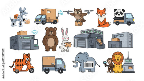Delivery Animals: A charming collection of animals delivering packages, showcasing a whimsical blend of nature and modern logistics. Illustrated with a playful style.
