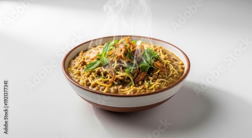 Steaming hot bowl of noodles with fresh herbs and crispy onions