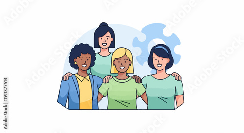 Diverse group of four friends standing together in unity and friendship with arms around each other