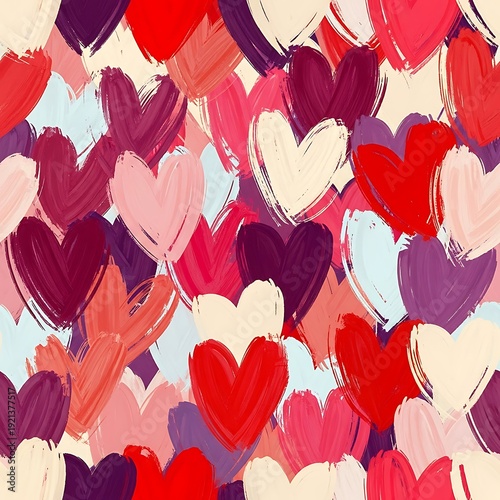Colorful Hand Painted Hearts Pattern in Red, Pink, and Purple Hues