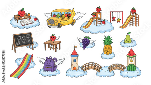 Whimsical Playland of Floating Delights: A vibrant and imaginative illustration showcases a world where various elements float on clouds, creating a playful and surreal environment.