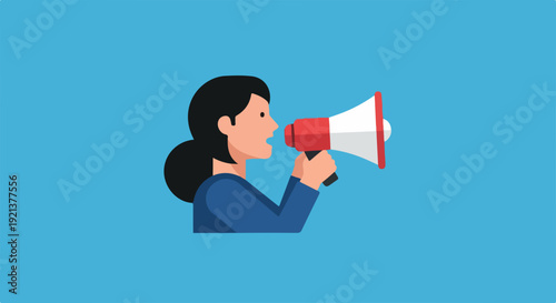 Woman holding red megaphone speaking loudly blue background illustration communication concept