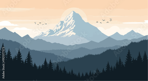 Mountain Landscape Vector Illustration with Pine Forest Silhouette and Snowy Peak at Sunset