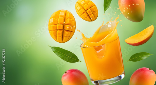 Cipratan dinamis jus mangga dari gelas dengan potongan buah segar melambangkan kesegaran maksimal minuman eksotis dan energi musim panas