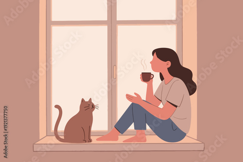 Person sitting on windowsill with cat, holding steaming cup of coffee or tea, cozy indoor illustration with soft lighting, peaceful atmosphere, and companionship.