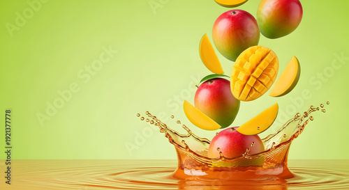 Buah mangga berjatuhan ke dalam genangan jus kuning emas melambangkan ledakan rasa tropis yang manis dan kesegaran minuman alami