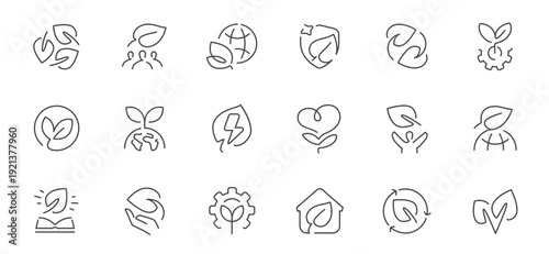 Sustainability line icons set with renewable energy, recycling and green technology concepts