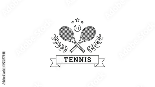Elegant tennis sport emblem featuring crossed rackets and a ball surrounded by a laurel wreath and banner.
