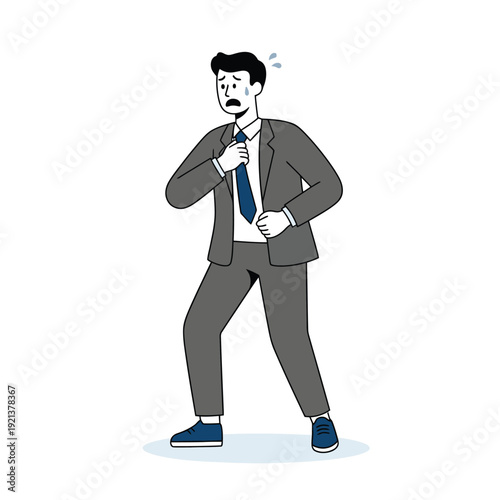 Concept of public speaking fear, interview nerves, or urgent deadline showing a panicked professional man in distress.