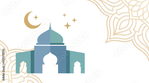 Elegant Blue Mosque Vector Illustration with Subtle Arabesque Mandala Corners