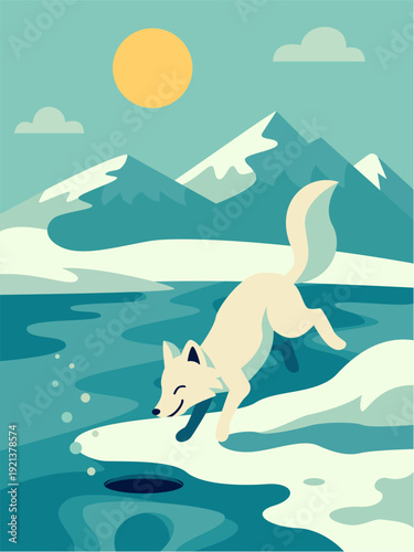 A happy arctic fox enjoys the snowy landscape