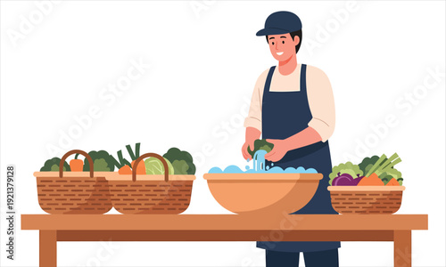 A worker is cleaning organic vegetables in a water basin with baskets