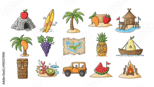 Tropical Paradise Icons: A vibrant collection of hand-drawn icons featuring tropical elements, inviting viewers to explore the beauty and joy of an idyllic paradise. 