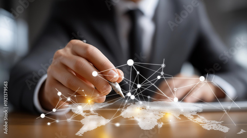 Wallpaper Mural Faceless businessman sketching a global AI network diagram with connected chatbot nodes on a smart desk surface, customer interaction automation concept, digital communication Torontodigital.ca