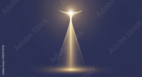 Glowing whisk kitchen utensil standing upright with bright light shining on it against dark background