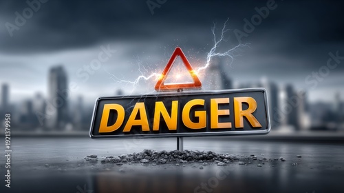 Warning sign indicating danger in an urban environment with lightning effects
