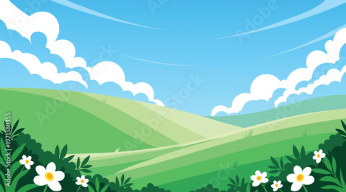 Bright Scenic Landscape Illustration Featuring Rolling Green Hills, Blue Sky, White Clouds, and Blooming Flowers in a Clean and Peaceful Nature View.