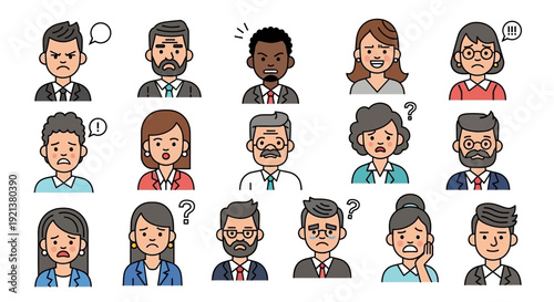 Diverse Group of Business People Displaying Various Negative Emotions and Expressions