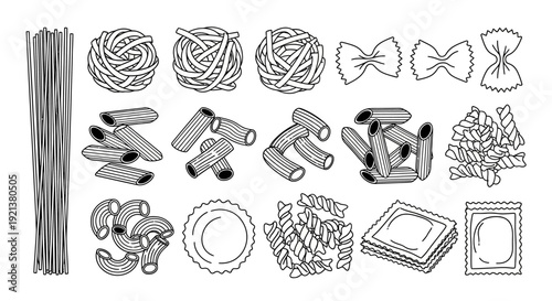 Collection of Different Pasta Shapes Vector Illustration Set on White Background