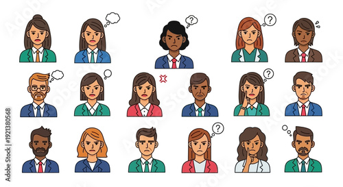 Diverse Group of Business People Avatars Expressing Negative Emotions and Concerns