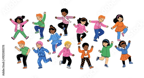 Diverse Group of Children Dancing Happily Together in a Fun Cartoon Style