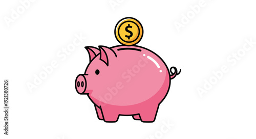 Cute Pink Piggy Bank with Golden Coin, Symbol of Savings and Financial Growth