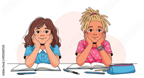 Two young diverse girls with different hairstyles studying at desks with books and pens