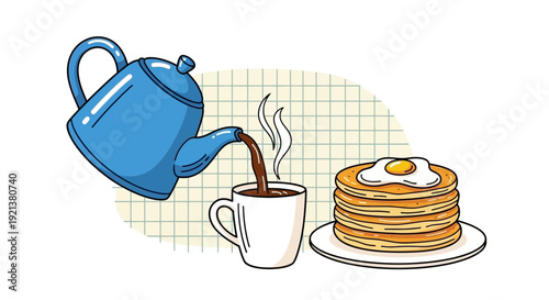 Cozy Breakfast Scene: Pouring Coffee into Mug Next to Pancakes and Fried Egg