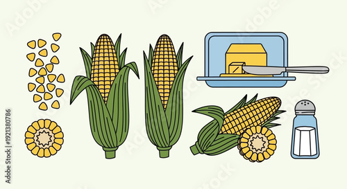 Fresh Corn on the Cob, Butter, and Salt shaker - Healthy Food Ingredients