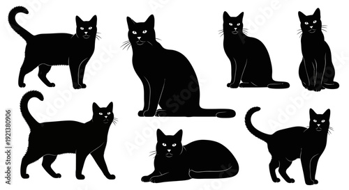 Collection of Black Cat Silhouettes in Various Poses, Isolated on White Background