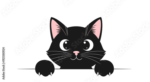 Cute Black Cat Peeking Over Edge, Vector Illustration, Adorable Pet Character Design