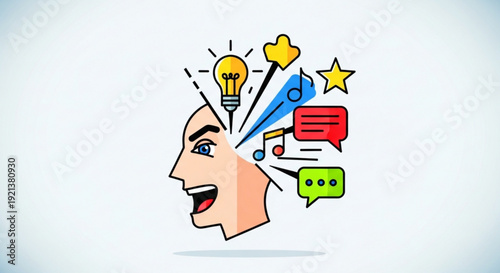 Creative person with ideas and inspiration coming out of their head with lightbulb music notes and chat bubbles