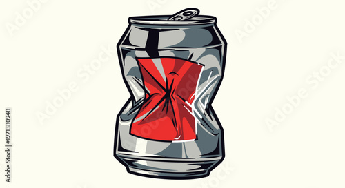 Crushed Soda Can with Red Label, Isolated on White Background, Vector Illustration