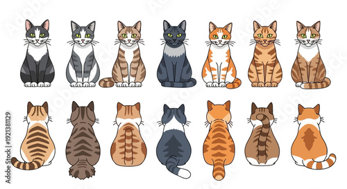 Diverse Cat Breeds Collection: Front and Back Views of Feline Companions