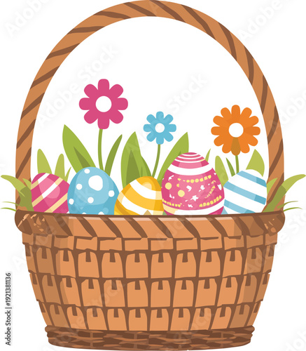 An illustration of a charming woven brown basket filled to the brim with brightly colored decorated Easter eggs nestled among vibrant spring flowers and lush green grass.