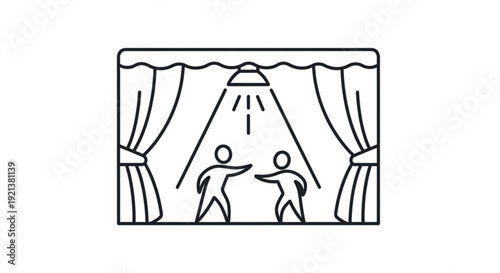 Two people performing on stage with spotlight shining down curtains open wide theatrical performance in progress