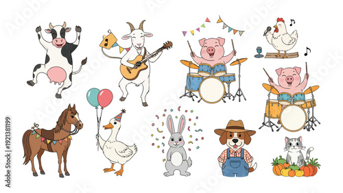 Farm Animals Festival: A vibrant scene of animated farm animals engaging in a lively celebration, each uniquely adorned and partaking in various festivities