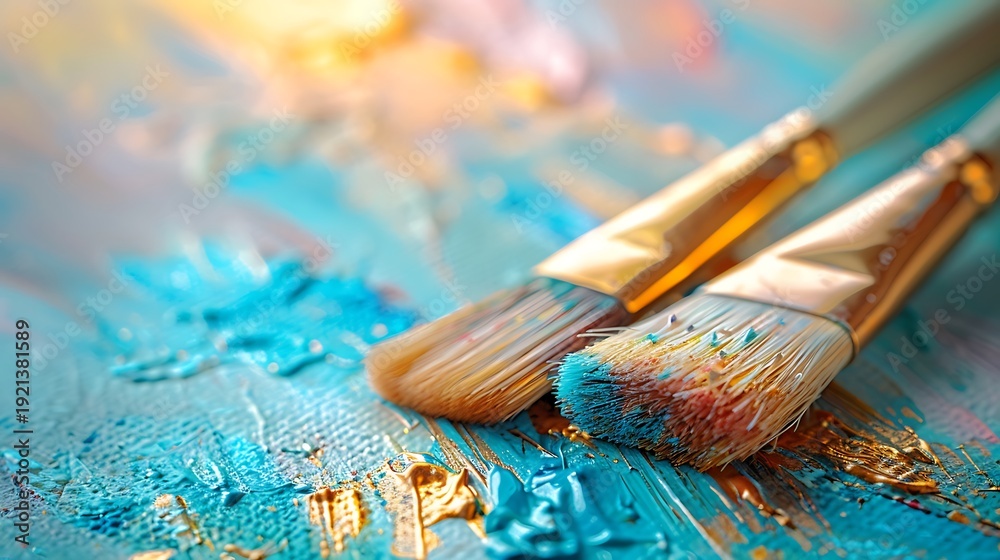 Fototapeta premium Artist brushes resting on a vibrant blue paint palette with colorful splatters