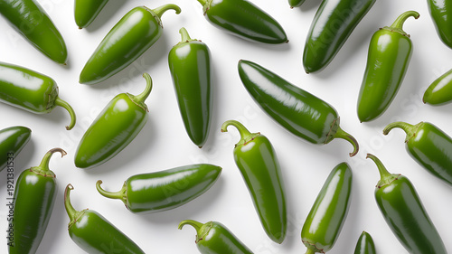 A vibrant display of green jalapeno peppers on a clean white surface