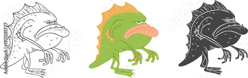 Funny lagoon monster character set in three style. Collection vector elements for children book, sticker, game. Cute design mascot.