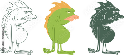 Cute water monster. Funny character for kids. Set design fantasy mascot for children book, game, sticker in outline, color and monochrome version. Vector illustration.