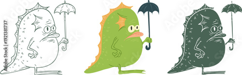 Cute water monster with umbrella. Funny character for kids. Set design fantasy mascot for children book, game, sticker in outline, color and monochrome version. Vector illustration.