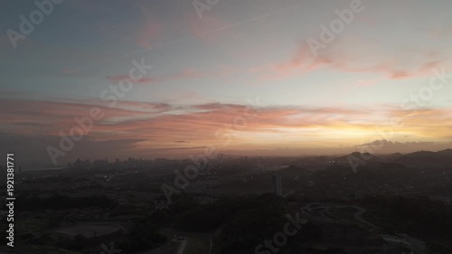 Panama City Skyline at Sunset Aerial View with Modern Skyscrapers and Pacific Ocean