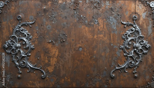 Vintage rusted wood texture background with ornate silver metal carvings