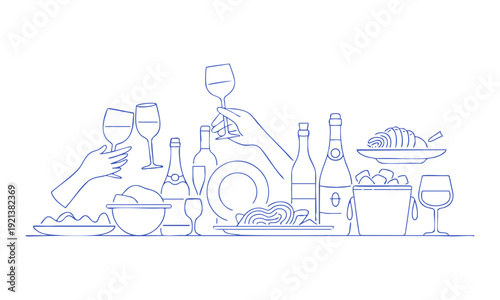 Wine serving and dining celebration outline illustration with glasses bottles isolated vector, easily editable.