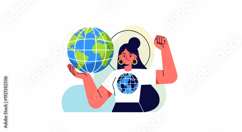 Woman empowering global unity with earth symbol on shirt and holding planet strong female activism