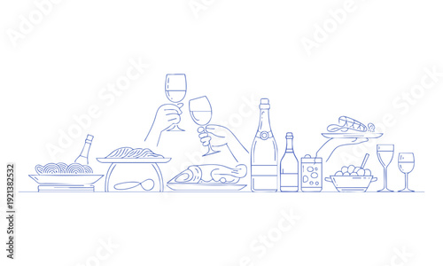 Wine lifestyle line art illustration with bottles glasses and celebration elements vector, easily editable.